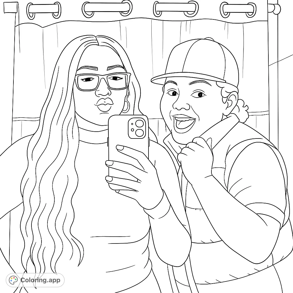 Capture a moment of joy with this friends selfie coloring page! Two pals pose for a fun photo, ready for your vibrant colors.