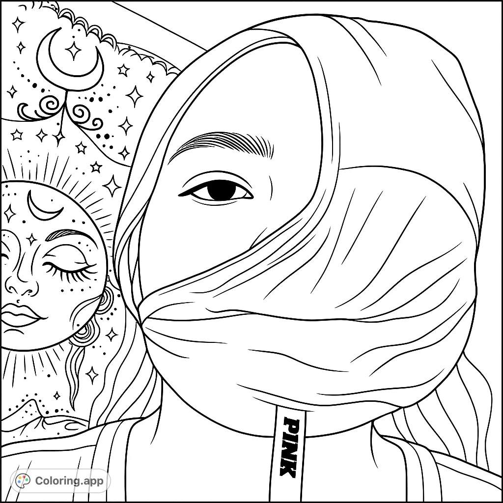 A captivating celestial portrait coloring page featuring a person with a draped scarf and a mystical sun and moon background. Perfect for creative expression.
