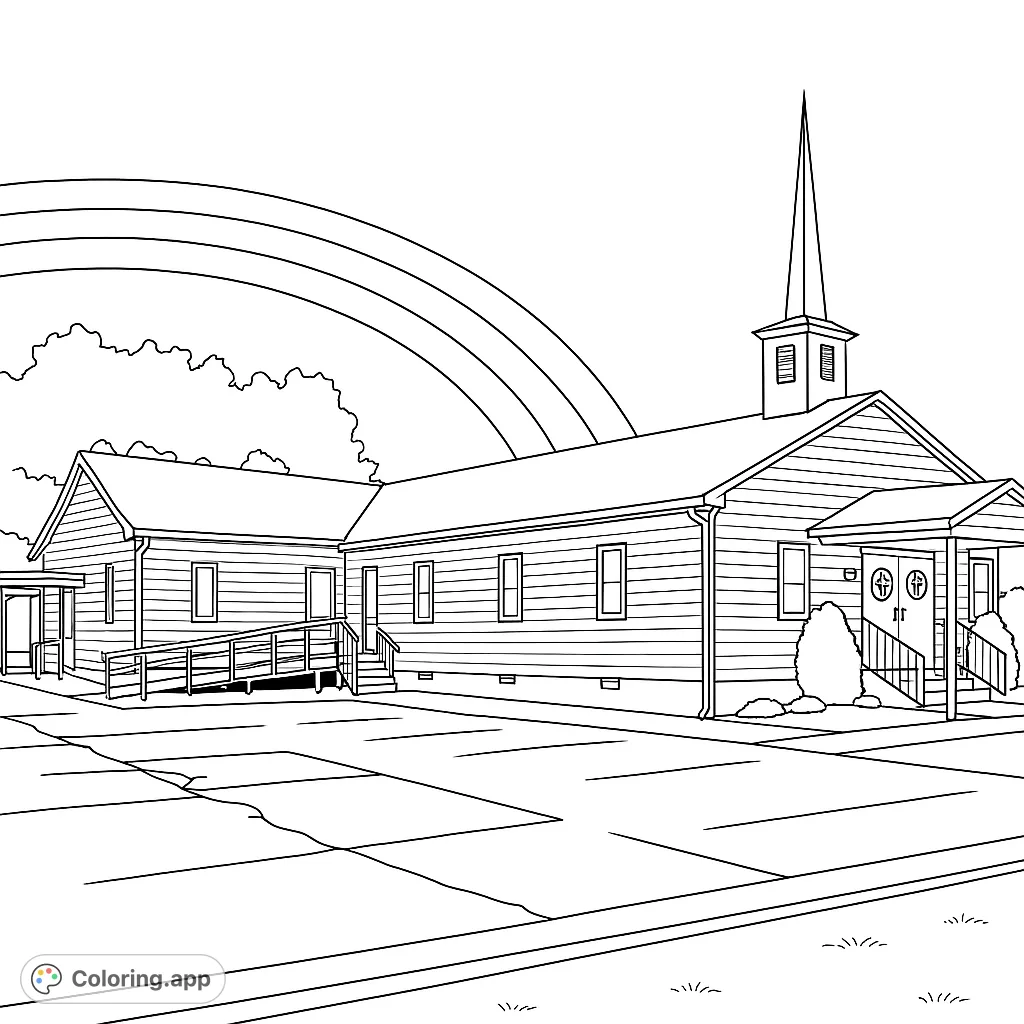 A serene church building with a tall steeple, surrounded by a vibrant rainbow and fluffy clouds, offering a peaceful and inspiring coloring experience.