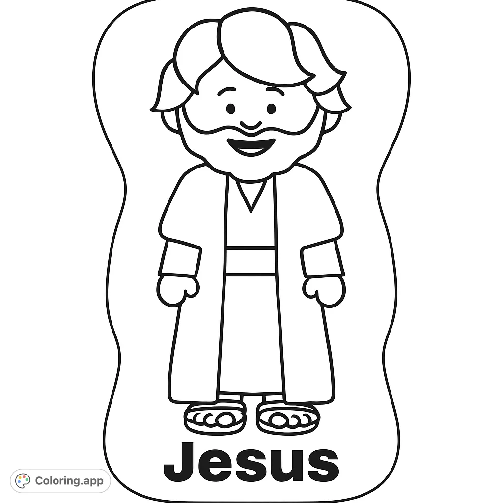A friendly, cartoon-style Jesus coloring page, perfect for kids and adults. This free printable religious coloring page offers simple, joyful coloring fun.