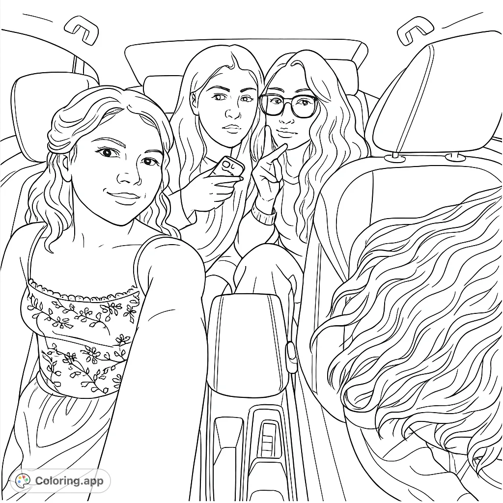 A fun road trip selfie with three friends in a car, perfect for coloring. Capture their expressions and the car interior in this engaging scene.