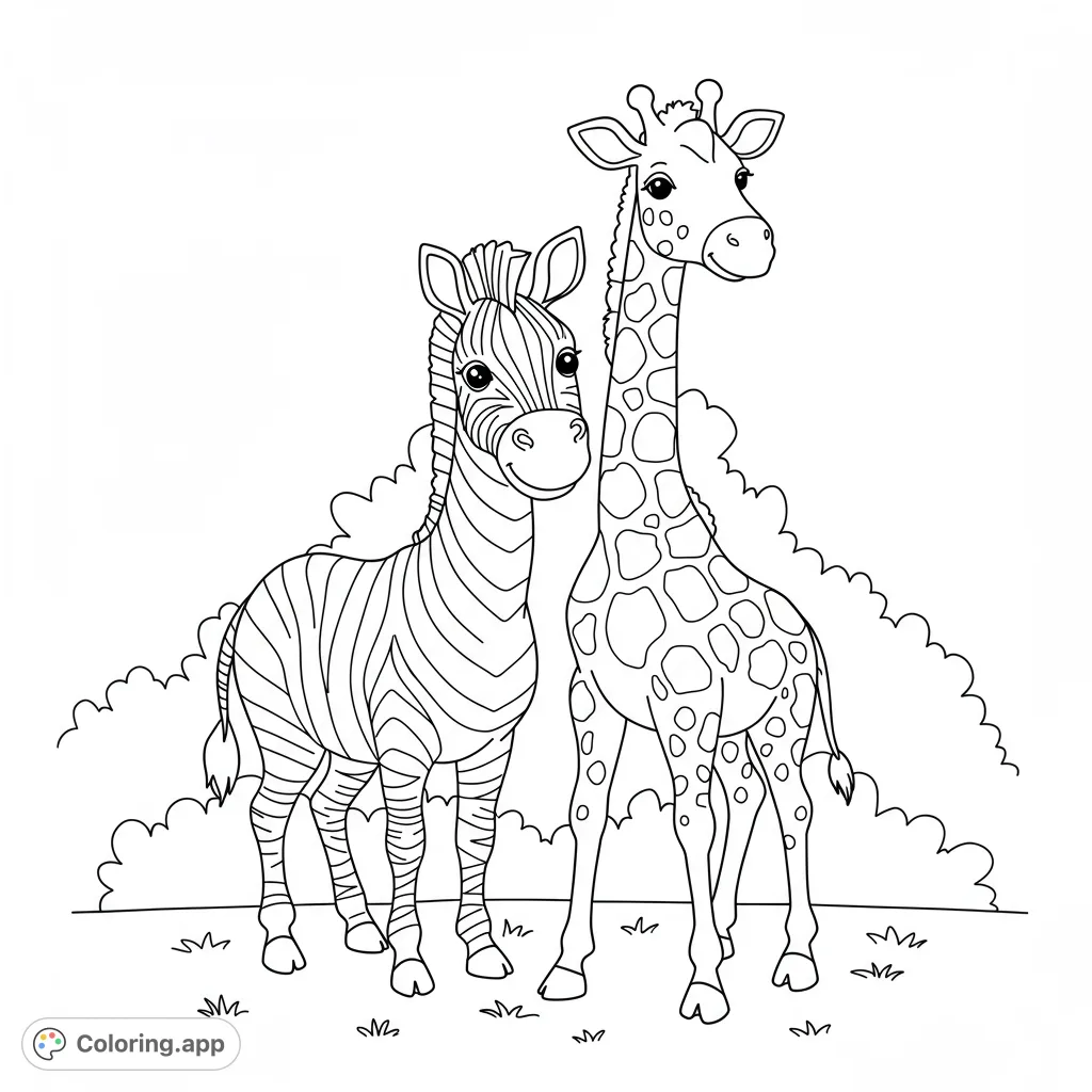 Adorable zebra and giraffe stand together in a charming safari scene, ready for vibrant colors. A delightful free printable coloring page for all ages.