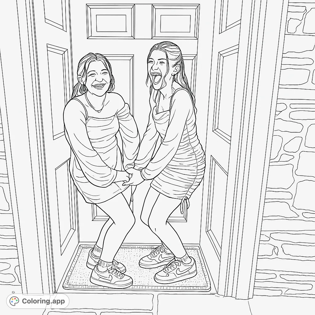 A heartwarming free printable coloring page featuring two joyful friends laughing and holding hands in a doorway, perfect for kids and adults.