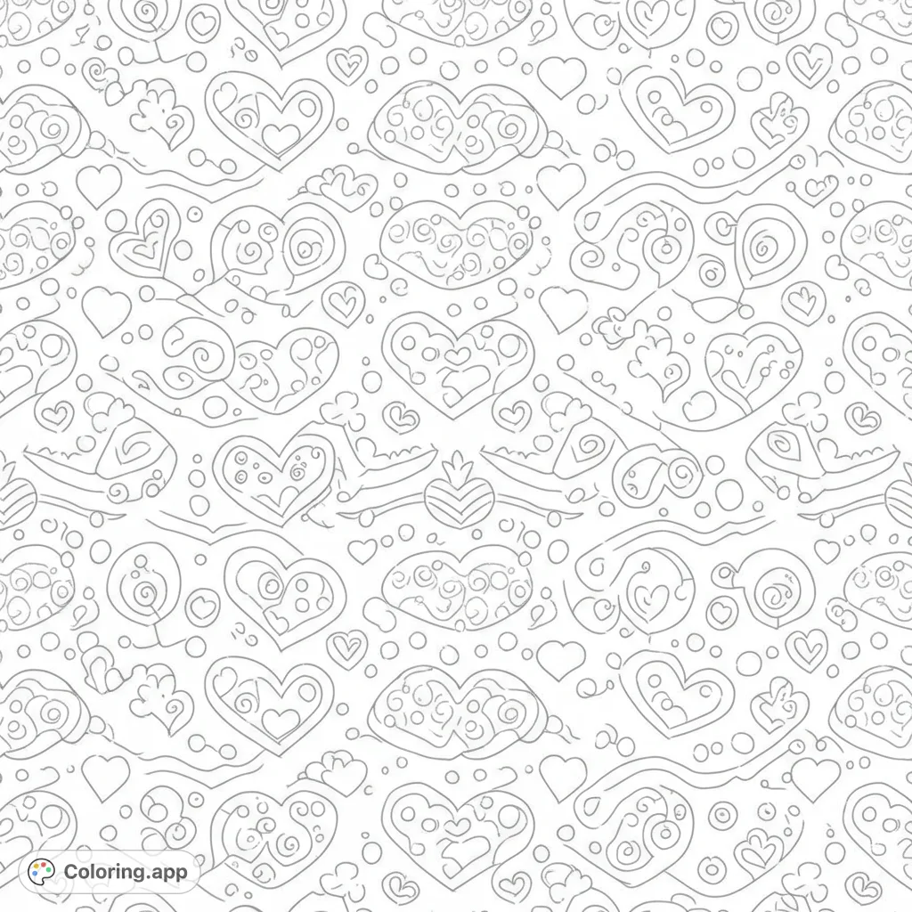 A delightful pattern of whimsical hearts and swirls, perfect for a charming coloring experience. Explore intricate designs and simple outlines.