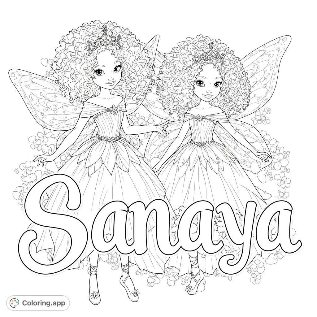 Two enchanting fairy princesses with curly hair and flowing gowns, surrounded by delicate flowers, with the name Sanaya. A magical free printable coloring page.