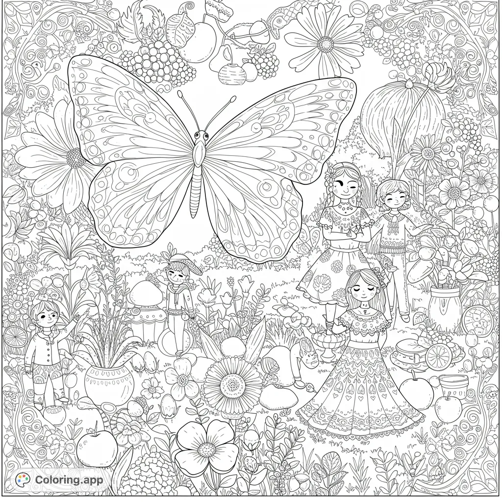 A magical garden scene with children, a giant butterfly, and intricate flowers. A free printable garden coloring page for all ages.