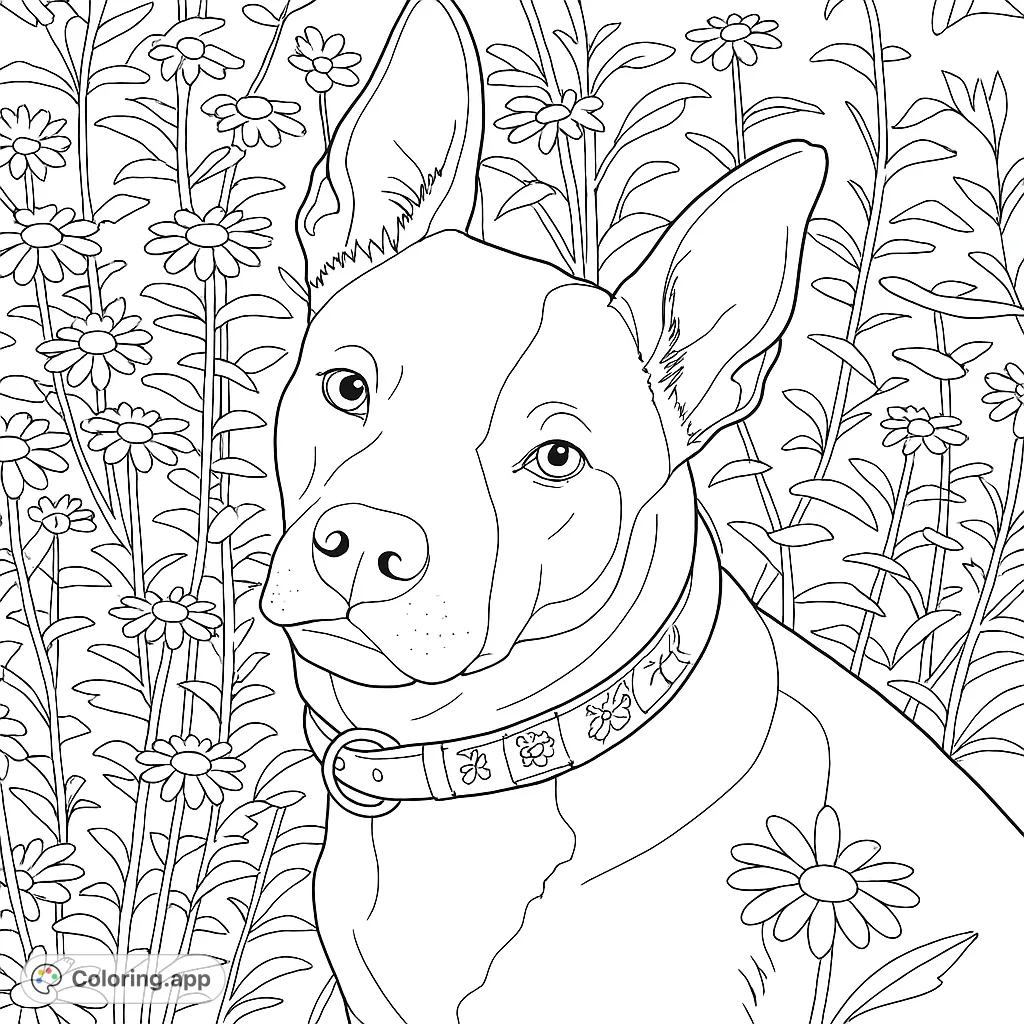 A charming dog with a floral collar amidst a field of daisies. A delightful free printable dog coloring page for all ages, perfect for animal lovers.