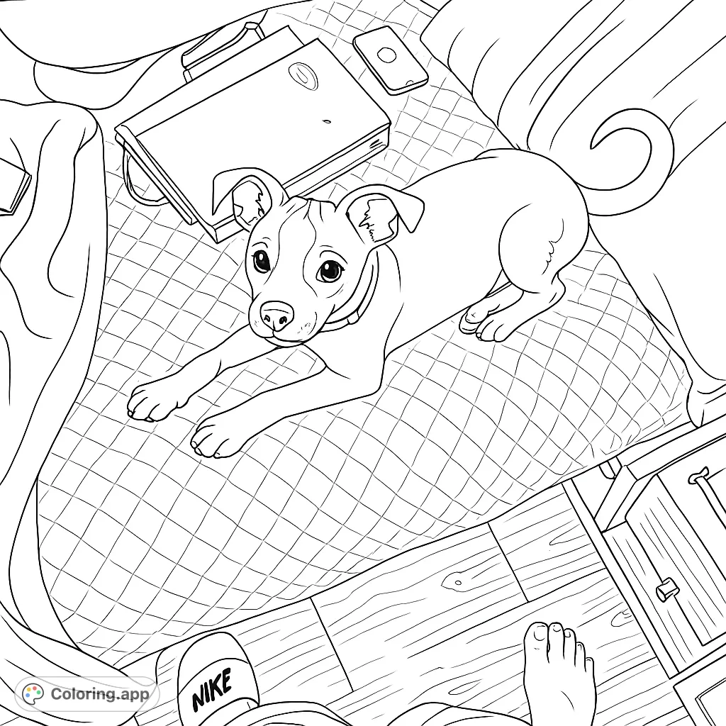 An adorable puppy rests on a cozy quilted blanket next to a laptop and phone, with a human foot and slipper nearby. A charming pet coloring page.