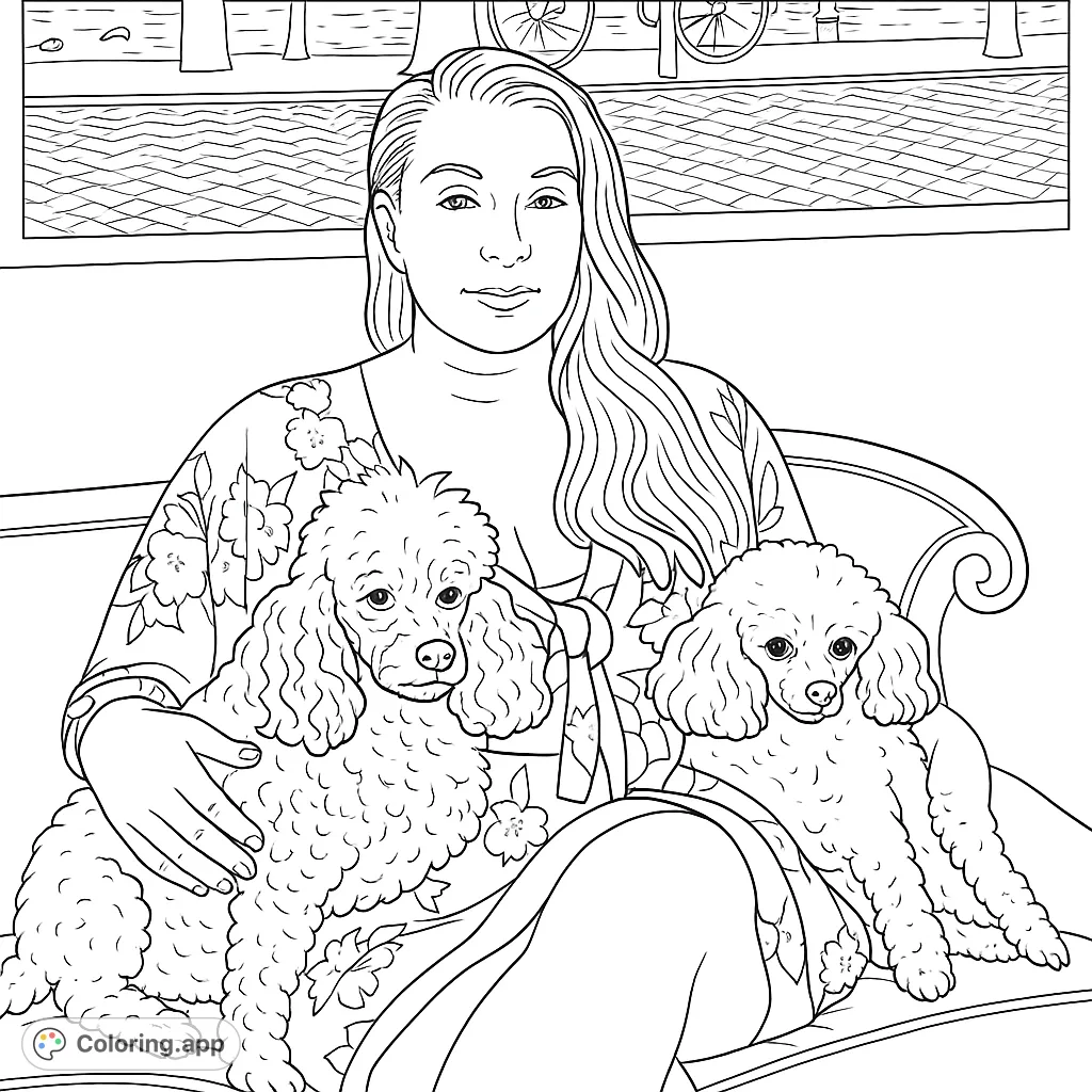 A serene woman relaxes on a couch with her two adorable poodles, featuring a detailed city background. Perfect for pet lovers and relaxation.