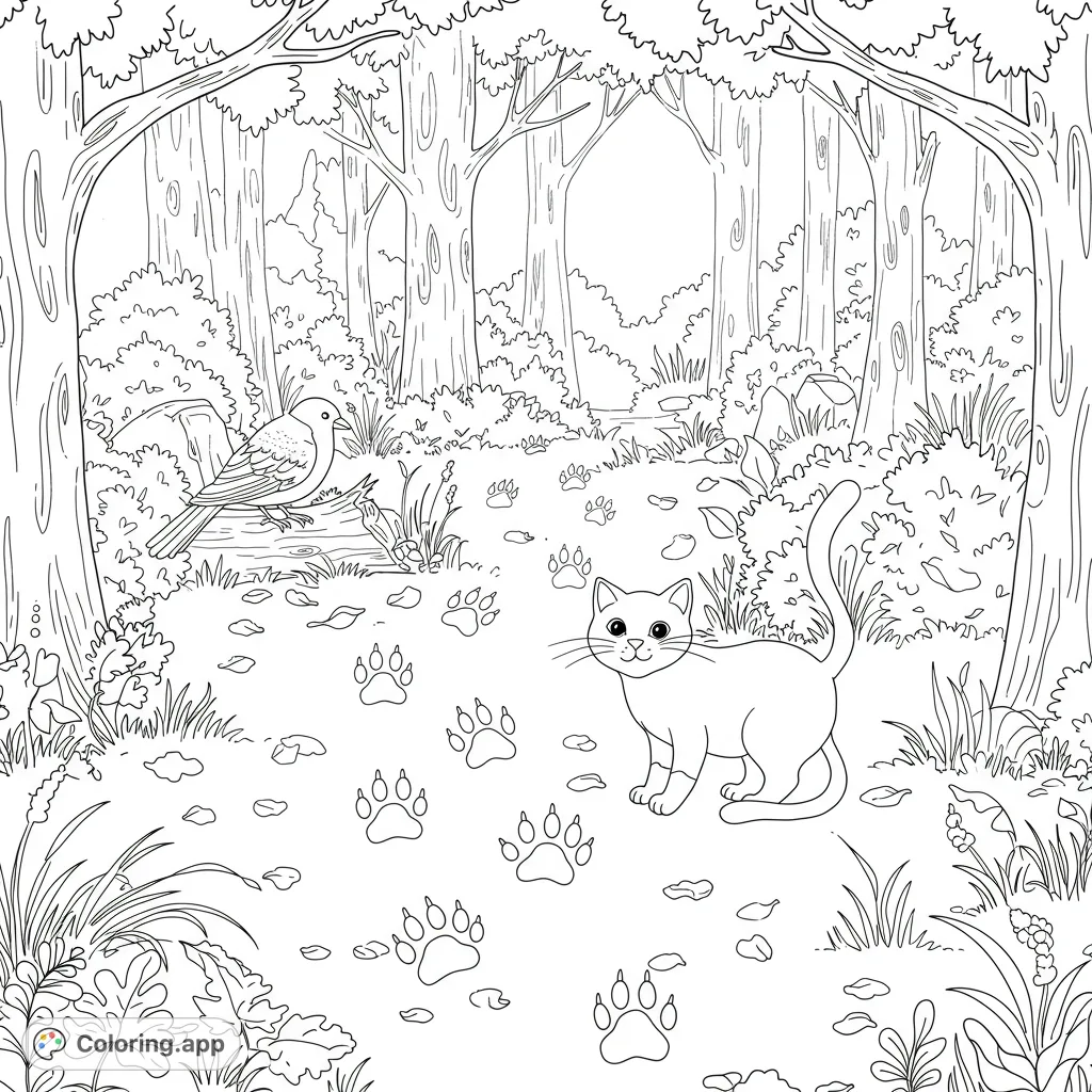 An adorable cat and bird meet on a forest path, surrounded by trees and paw prints. A charming nature scene for all ages to color.