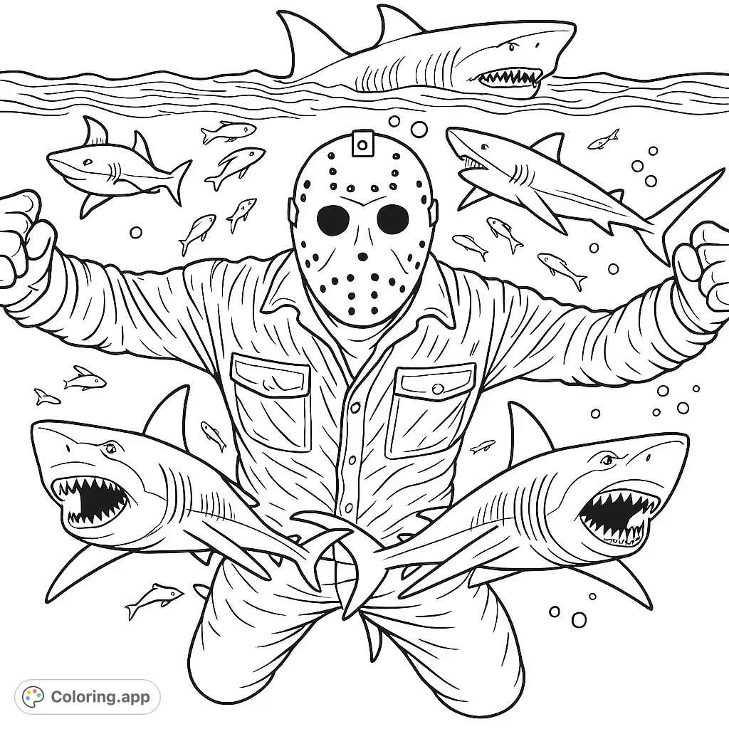 Jason vs Sharks Coloring Page