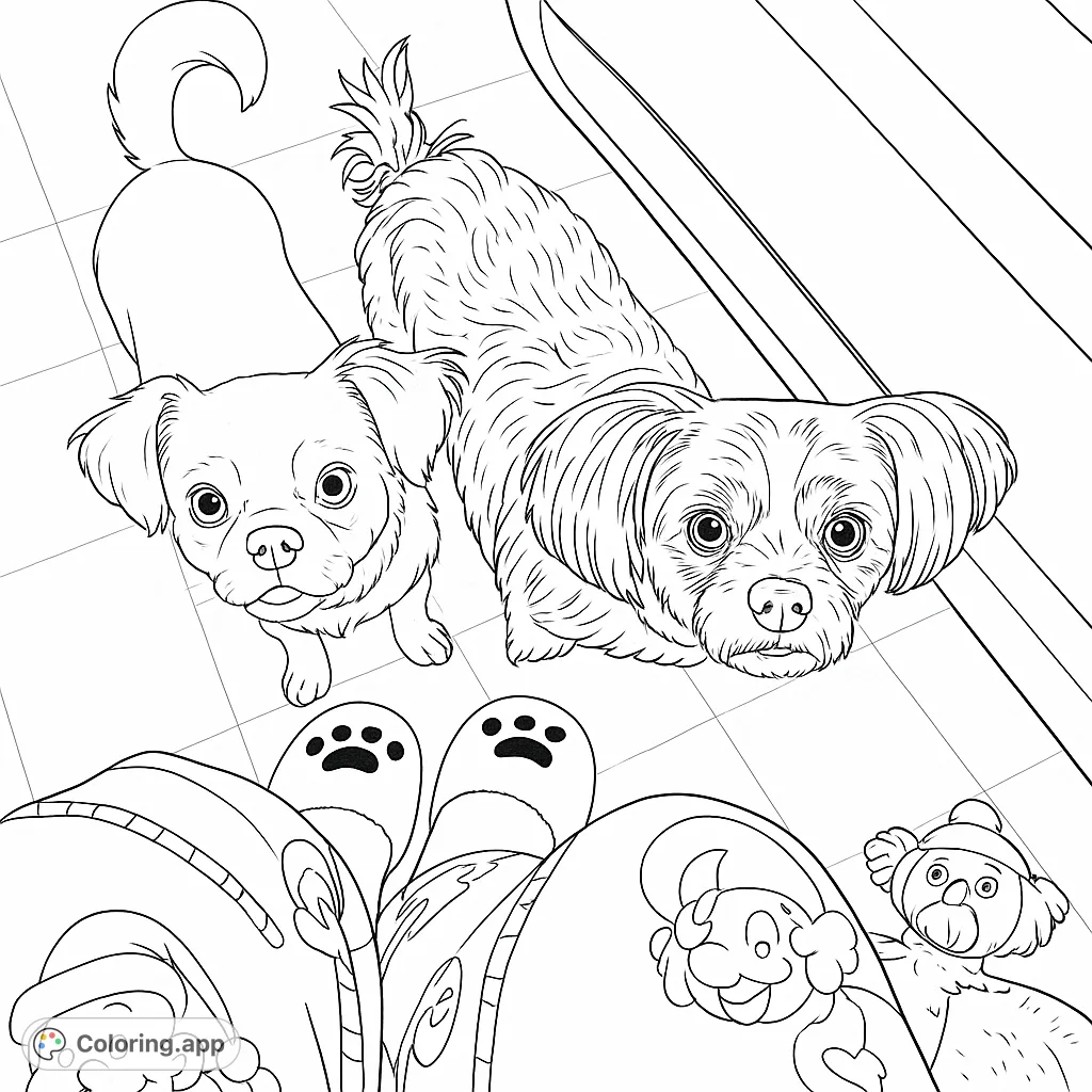 Two adorable dogs gaze up at cozy, festive slippers in this charming free printable coloring page, perfect for pet lovers and all ages.