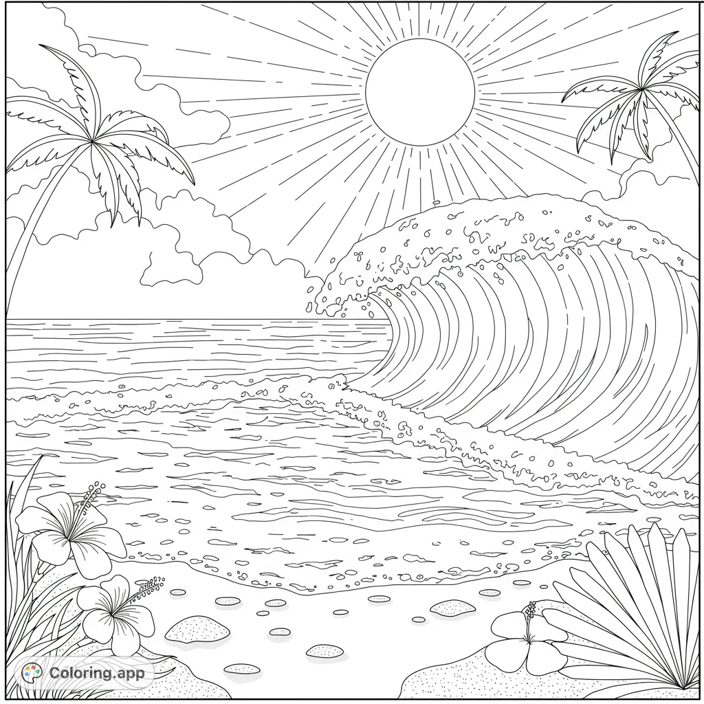 A dynamic tropical beach scene featuring a powerful ocean wave, sunny sky, swaying palm trees, and beautiful hibiscus flowers. Perfect for a relaxing escape!