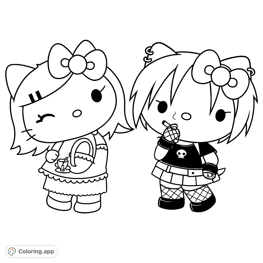Two adorable cat-like characters, one sweet and one punk, stand side-by-side, offering a fun contrast for a free printable coloring page.
