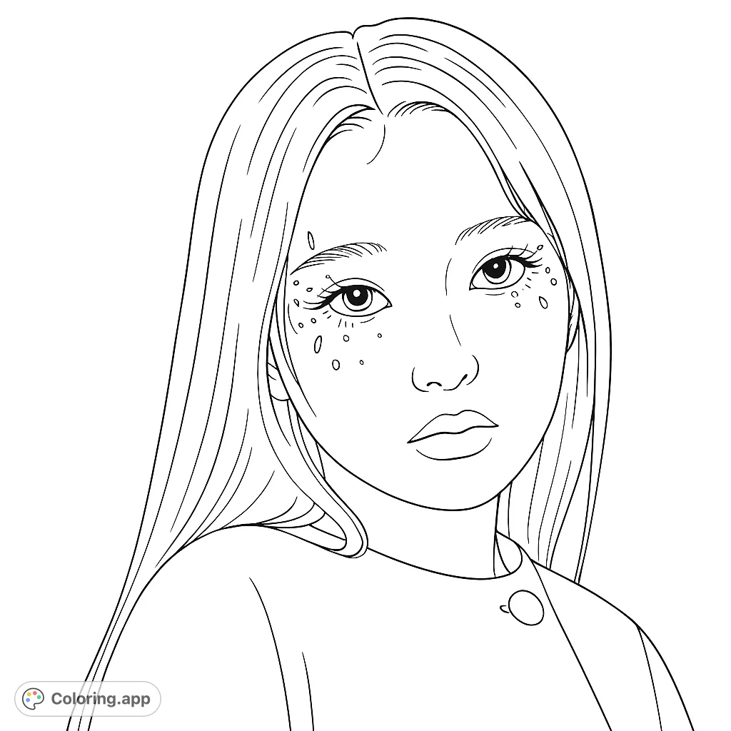 A captivating portrait of a young woman with long hair and unique, scattered 'freckle' details around her eyes, perfect for a magical coloring experience.