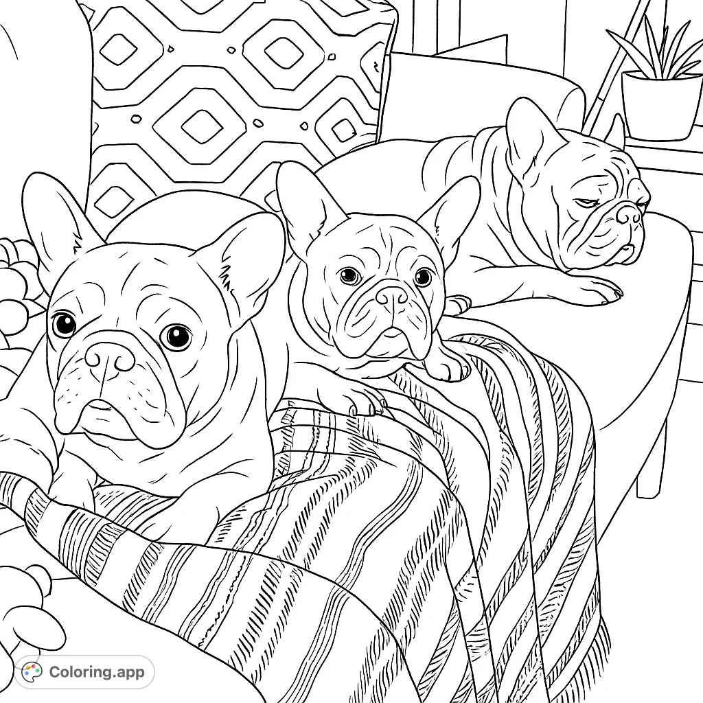 Adorable French Bulldog trio relaxing on a cozy couch with a striped blanket and patterned pillow. A charming free printable dog coloring page.