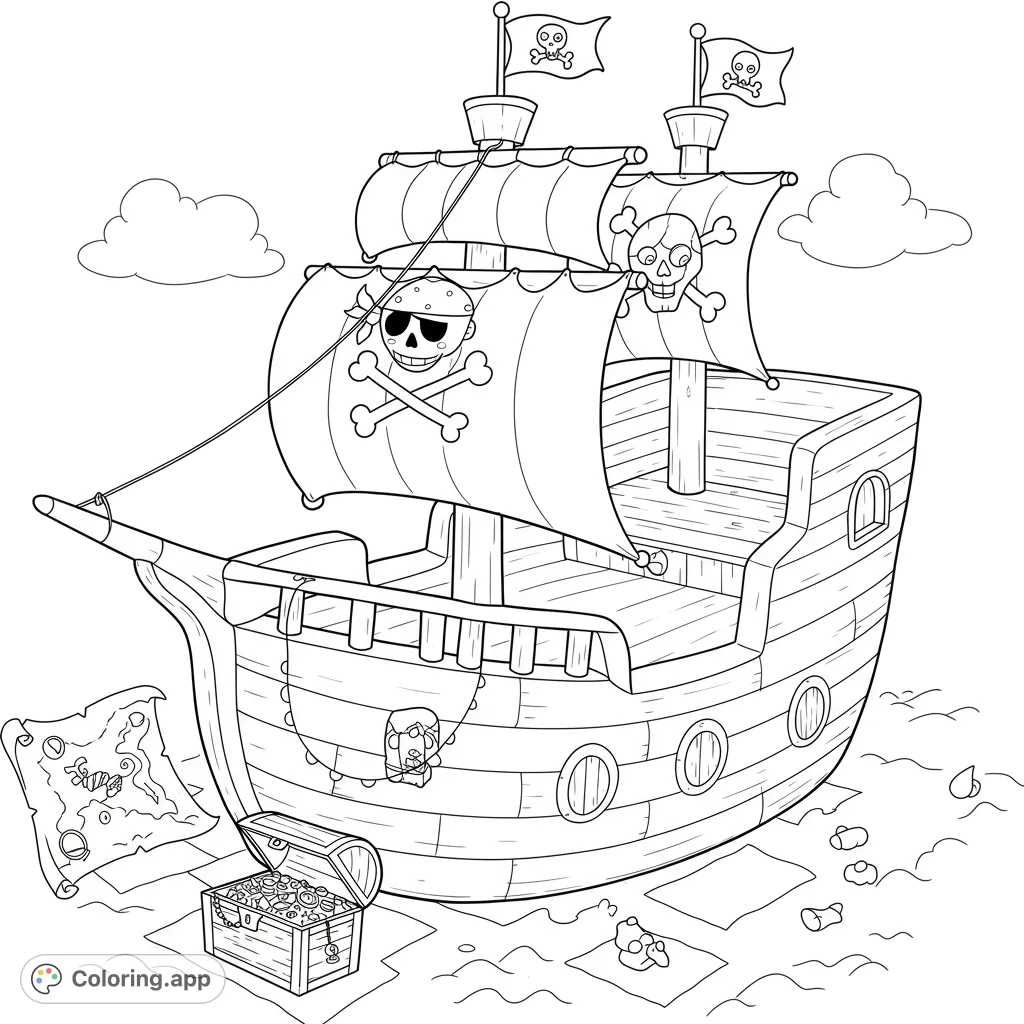 A fun pirate ship coloring page beached with a treasure chest and map, perfect for adventure-themed free printable coloring pages for kids.
