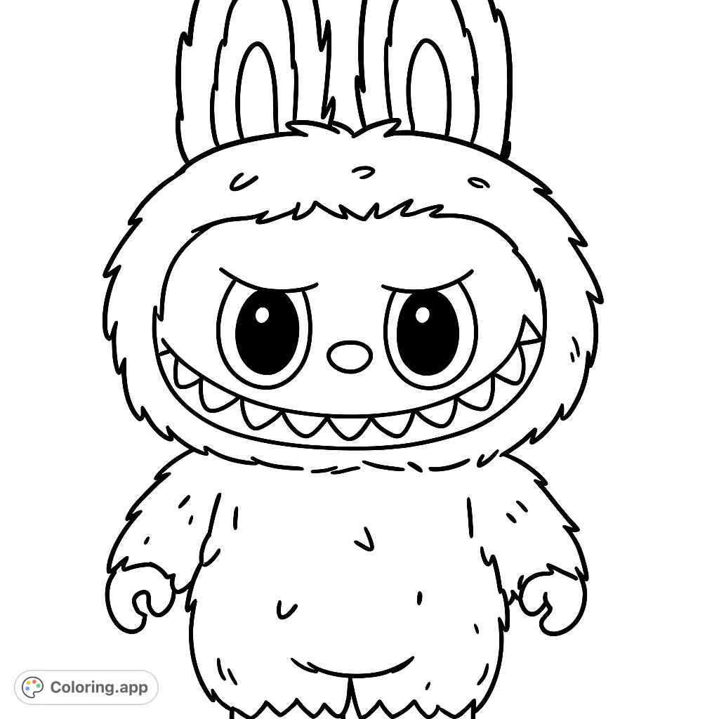 An adorable, fluffy monster with big eyes and a wide, toothy grin, perfect for a fun and imaginative coloring adventure. Free printable monster coloring page.