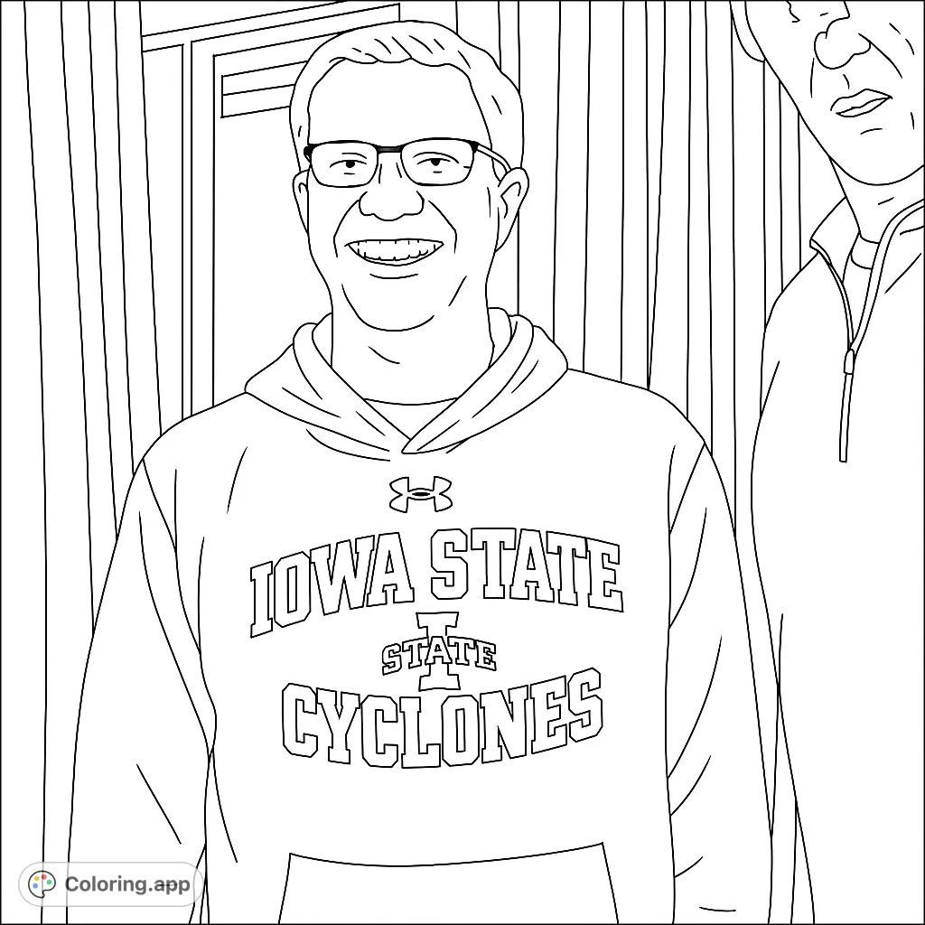 A smiling college sports fan in a hoodie, perfect for showing team spirit. Free printable coloring page for all ages.