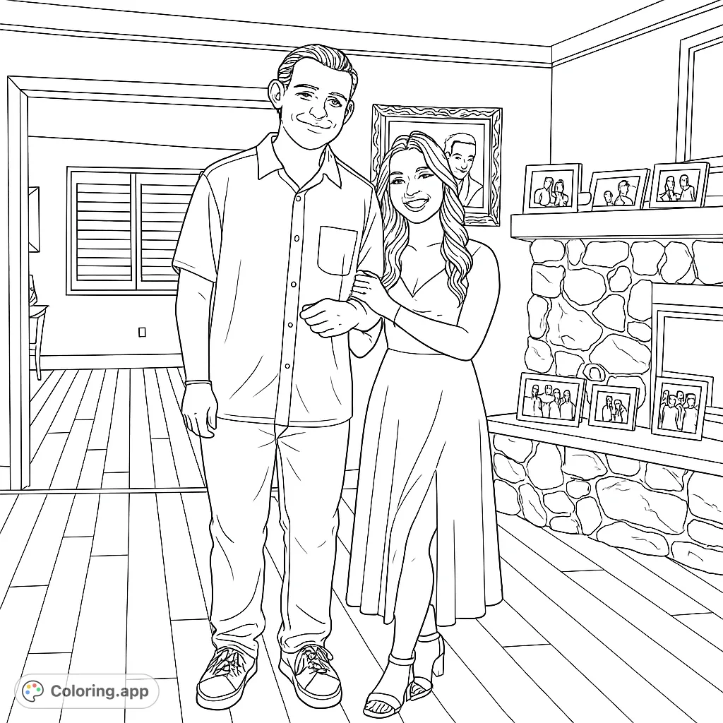 A happy couple stands in their cozy home, featuring a detailed stone fireplace and framed family photos, perfect for a personalized coloring page.