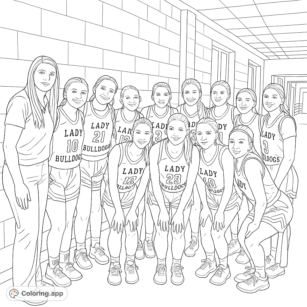 A dynamic basketball team portrait featuring the Lady Bulldogs, perfect for sports fans. This free printable coloring page captures team spirit and friendship.