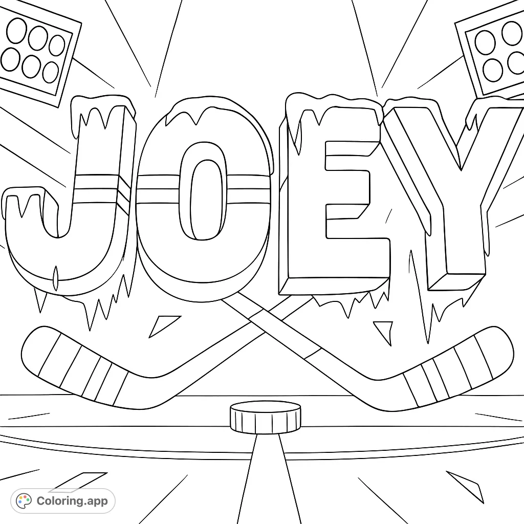 A personalized hockey coloring page featuring the name JOEY in icy letters, crossed hockey sticks, and a puck on an ice rink. Free printable for sports fans!