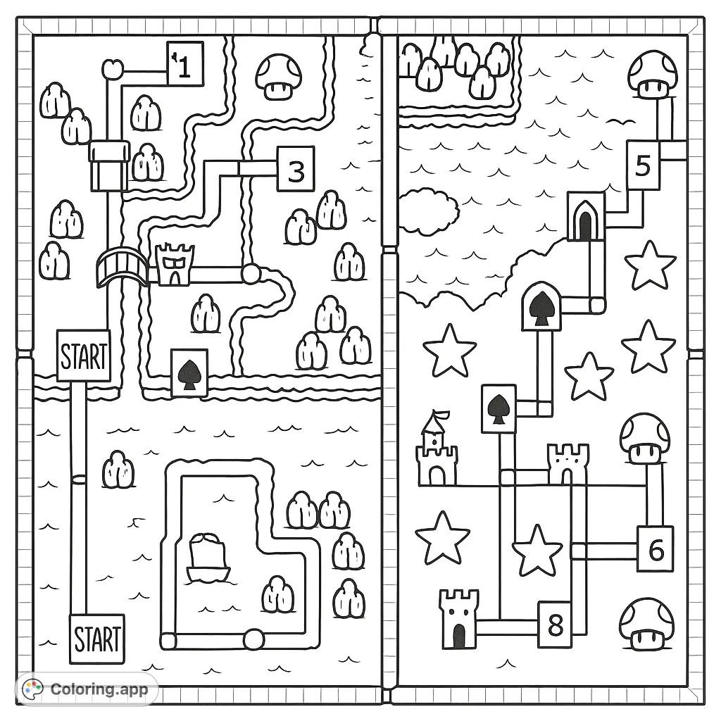 Explore a charming video game map coloring page! Navigate winding paths, castles, mushrooms, and stars in this free printable adventure.