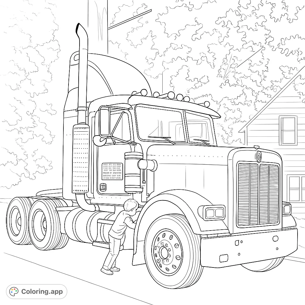 A detailed semi-truck coloring page featuring a curious boy, perfect for vehicle enthusiasts. A free printable coloring page for all ages.