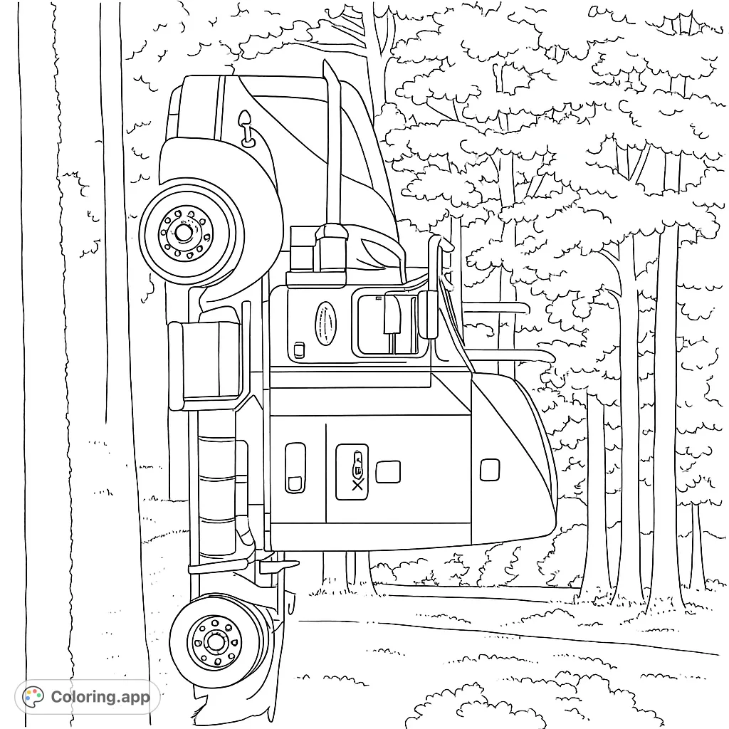 A unique truck coloring page featuring a large semi-truck or RV parked vertically against a towering tree in a dense forest, perfect for vehicle and nature lovers.