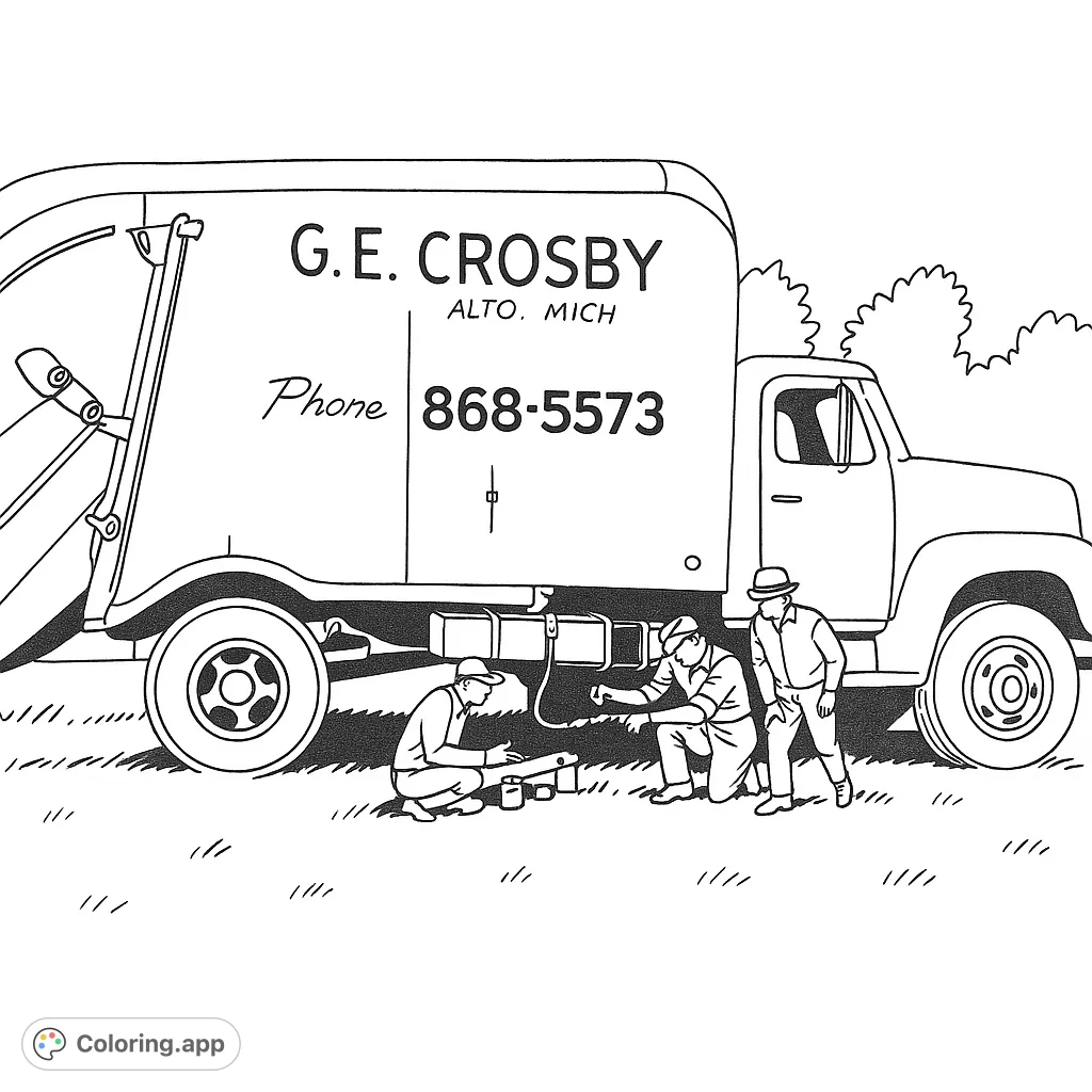 A detailed vintage service truck with three workers on a grassy field. Perfect for vehicle and occupation enthusiasts.