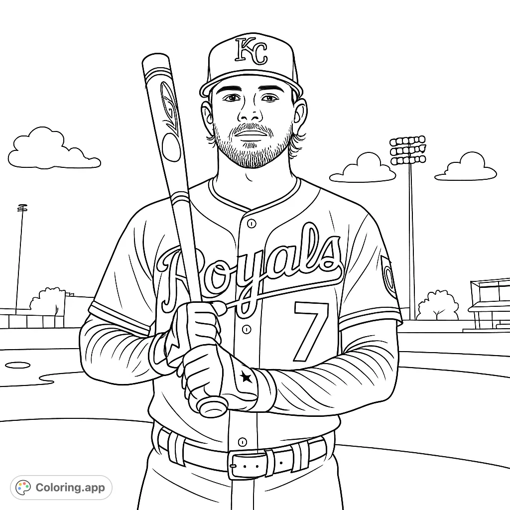 A detailed baseball player coloring page featuring a confident player in uniform holding a bat on a stadium field. Perfect for sports fans!