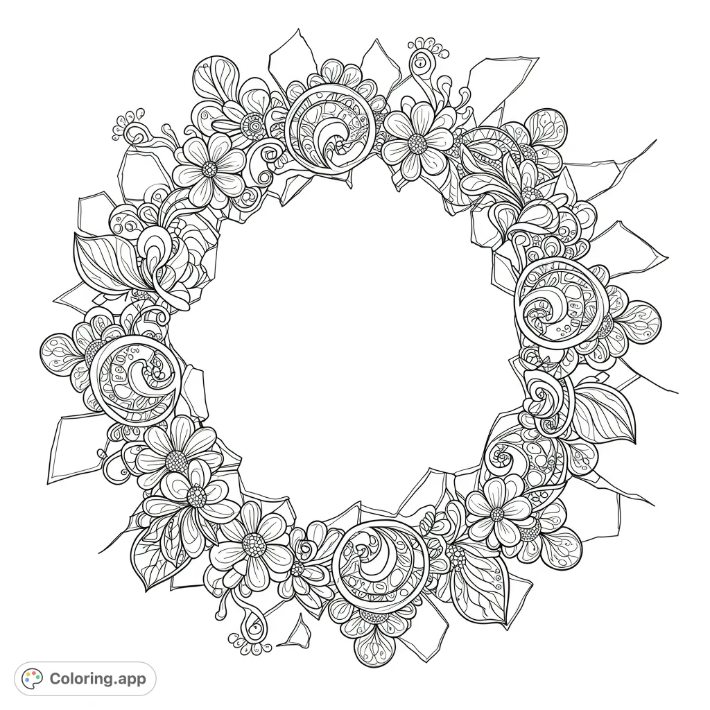 A detailed floral wreath with intricate flowers, leaves, and swirling patterns, perfect for mindful coloring and creative expression.