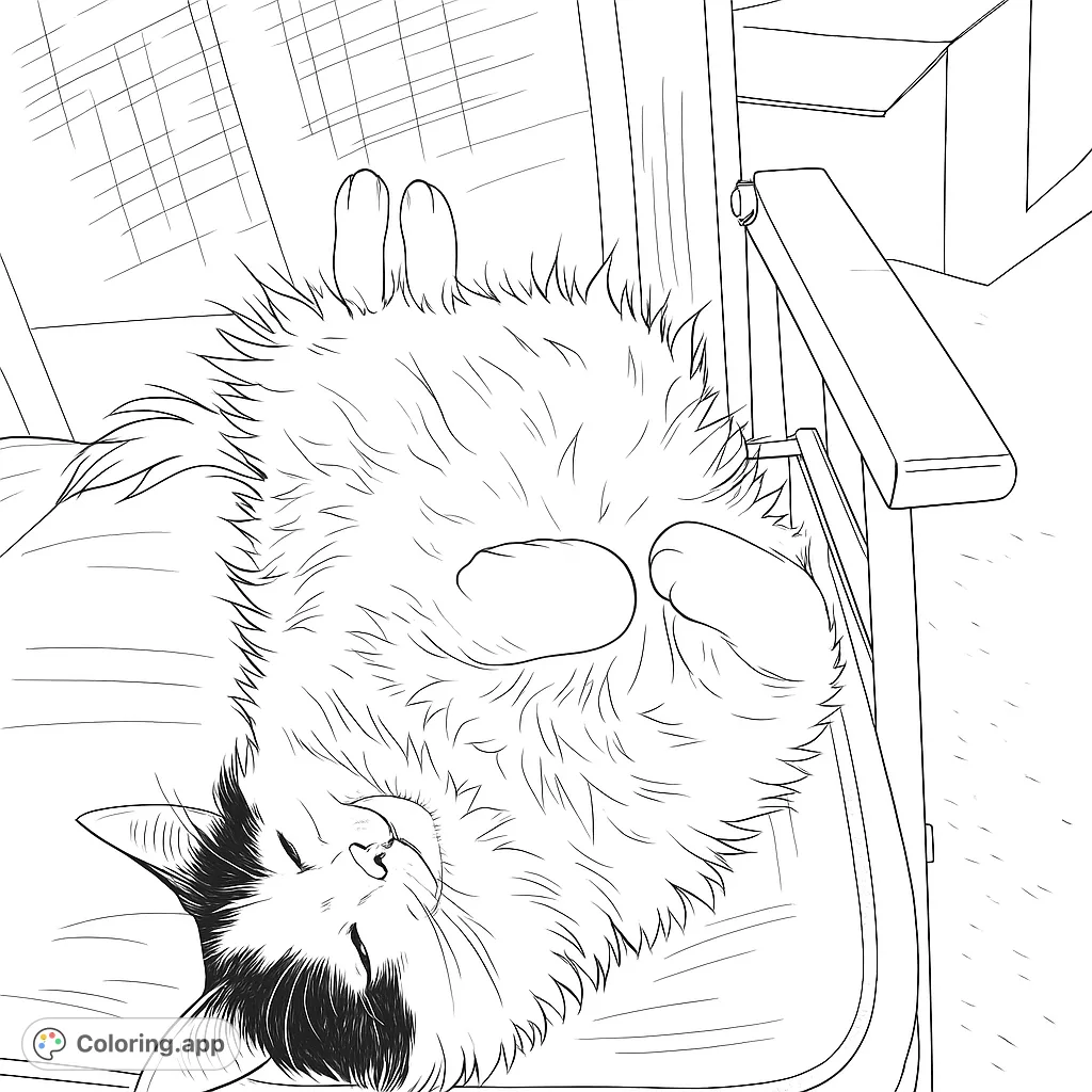 An adorable fluffy cat sleeps peacefully belly-up on a cozy chair. A charming free printable cat coloring page for relaxation and fun.