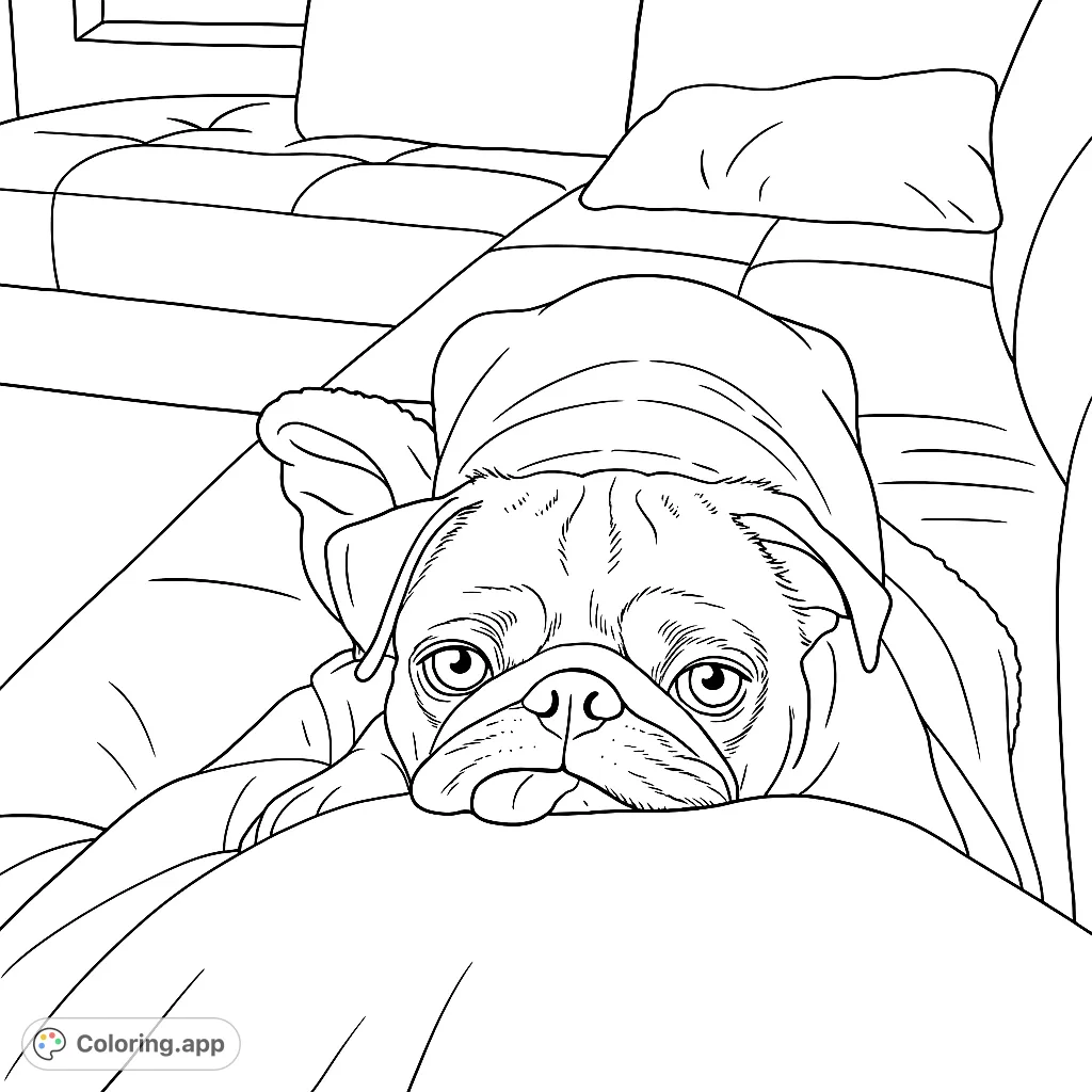 A charming pug dog rests cozily on a couch, perfect for a relaxing pug coloring page. Free printable coloring page for pet lovers of all ages.