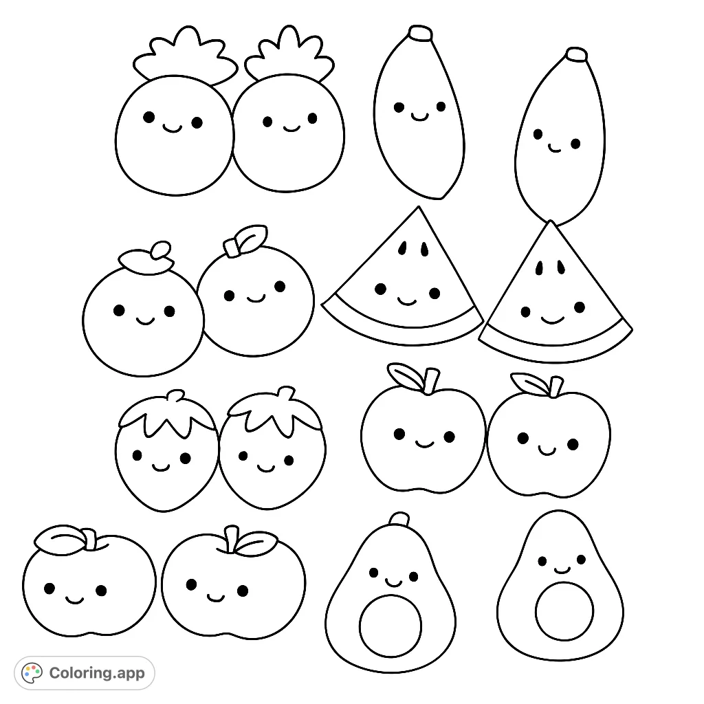 An adorable collection of smiling fruit pairs, including pineapples, bananas, watermelons, and more. Perfect for a fun, easy coloring experience.