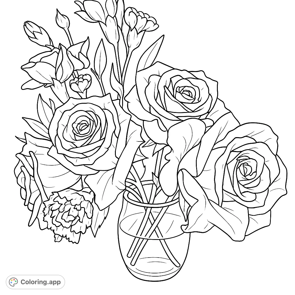 A beautiful floral bouquet featuring detailed roses and delicate blooms in a clear glass vase. A free printable flower bouquet coloring page for all ages.