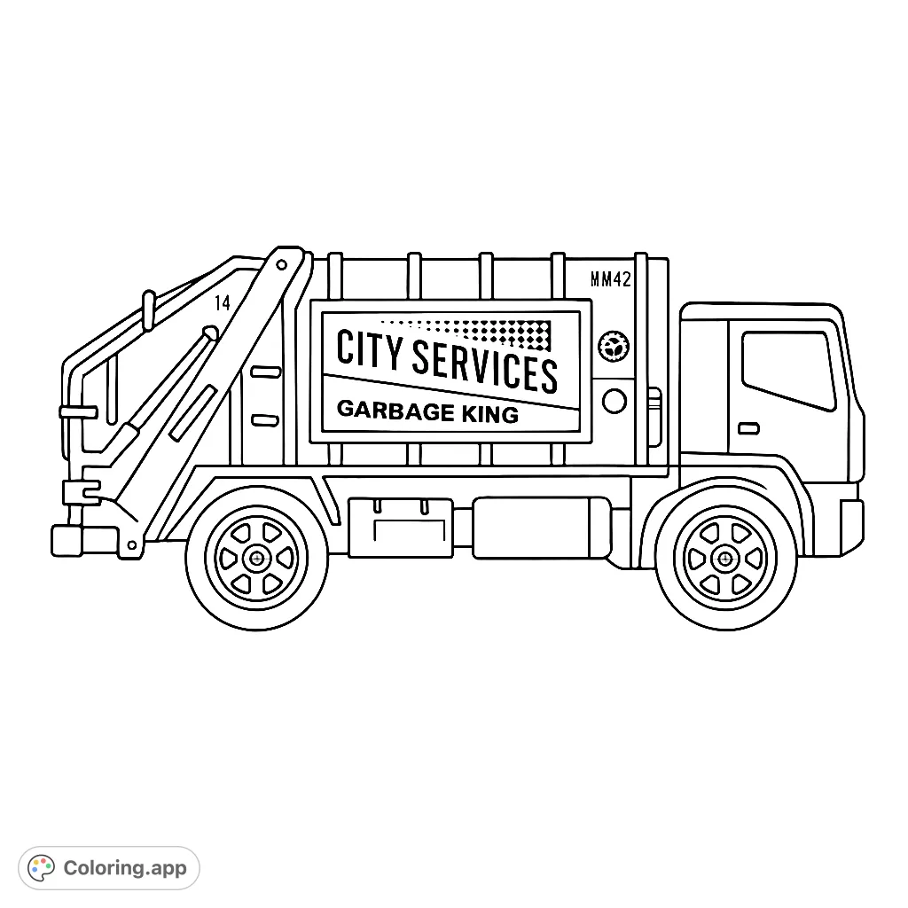 A detailed black and white line drawing of a modern city garbage truck, perfect for vehicle enthusiasts and community helper themes.