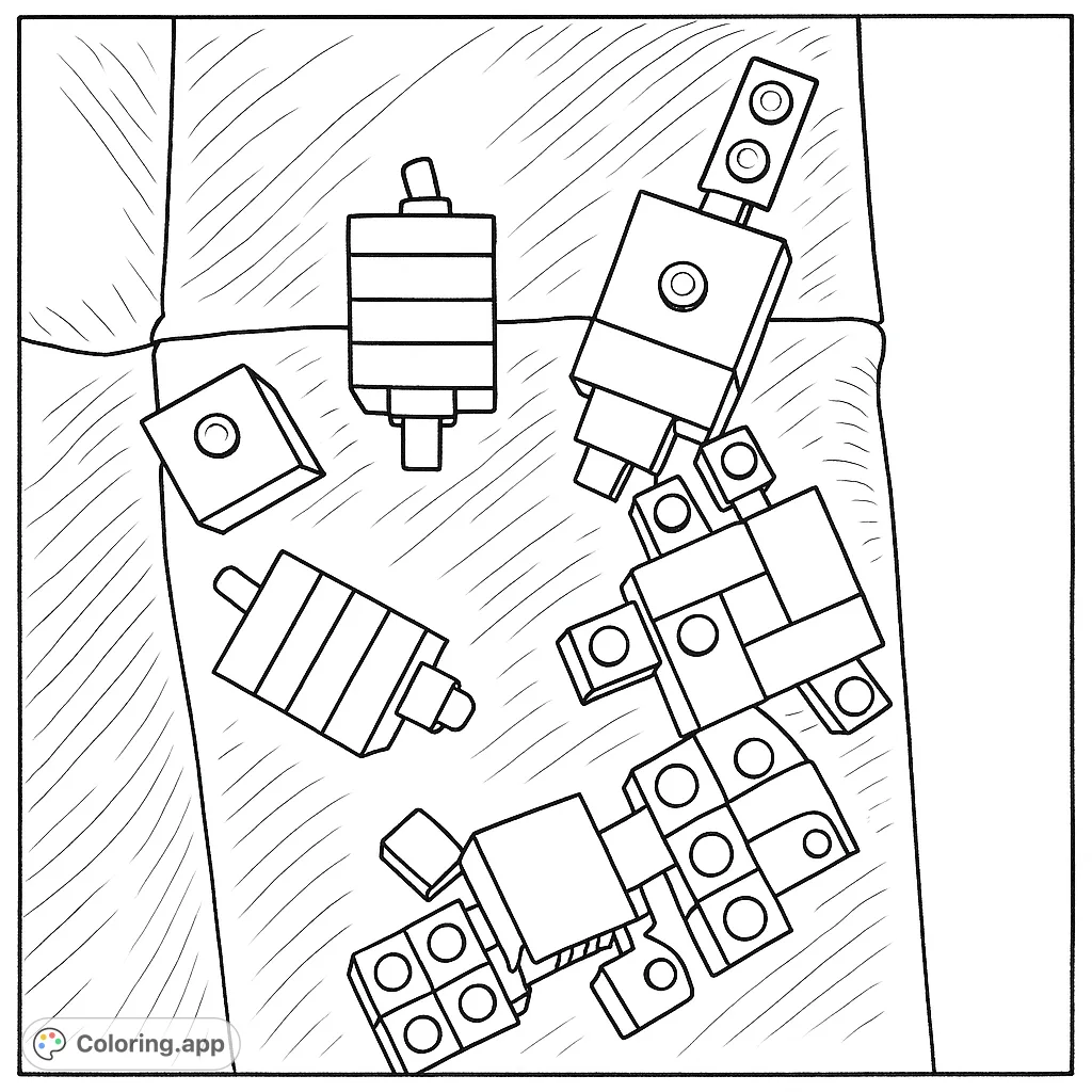 A playful building blocks coloring page featuring various interlocking toy bricks and pieces, perfect for creative kids and adults to design their own colorful creations.
