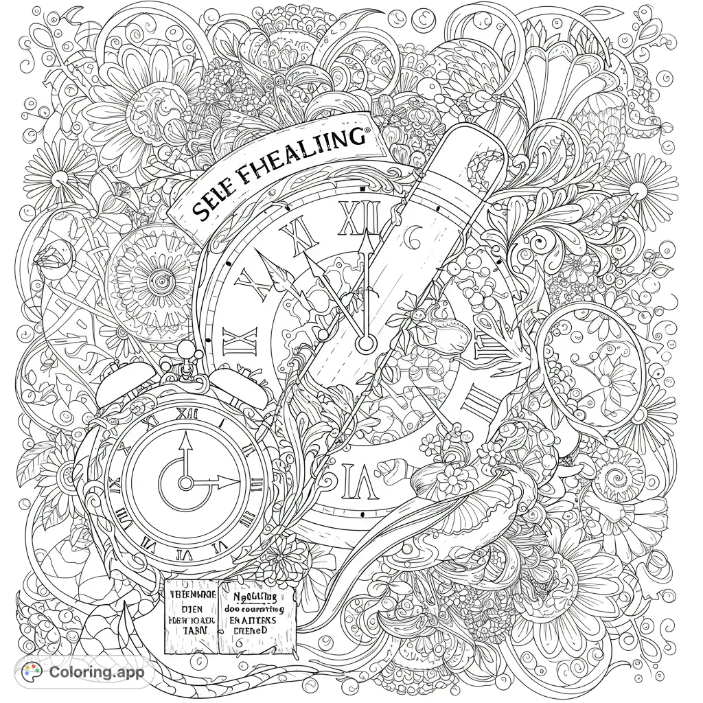 An intricate self-healing coloring page featuring detailed clocks, a pencil, and a banner amidst a dense tapestry of swirling botanical and floral patterns. Perfect for mindful coloring.