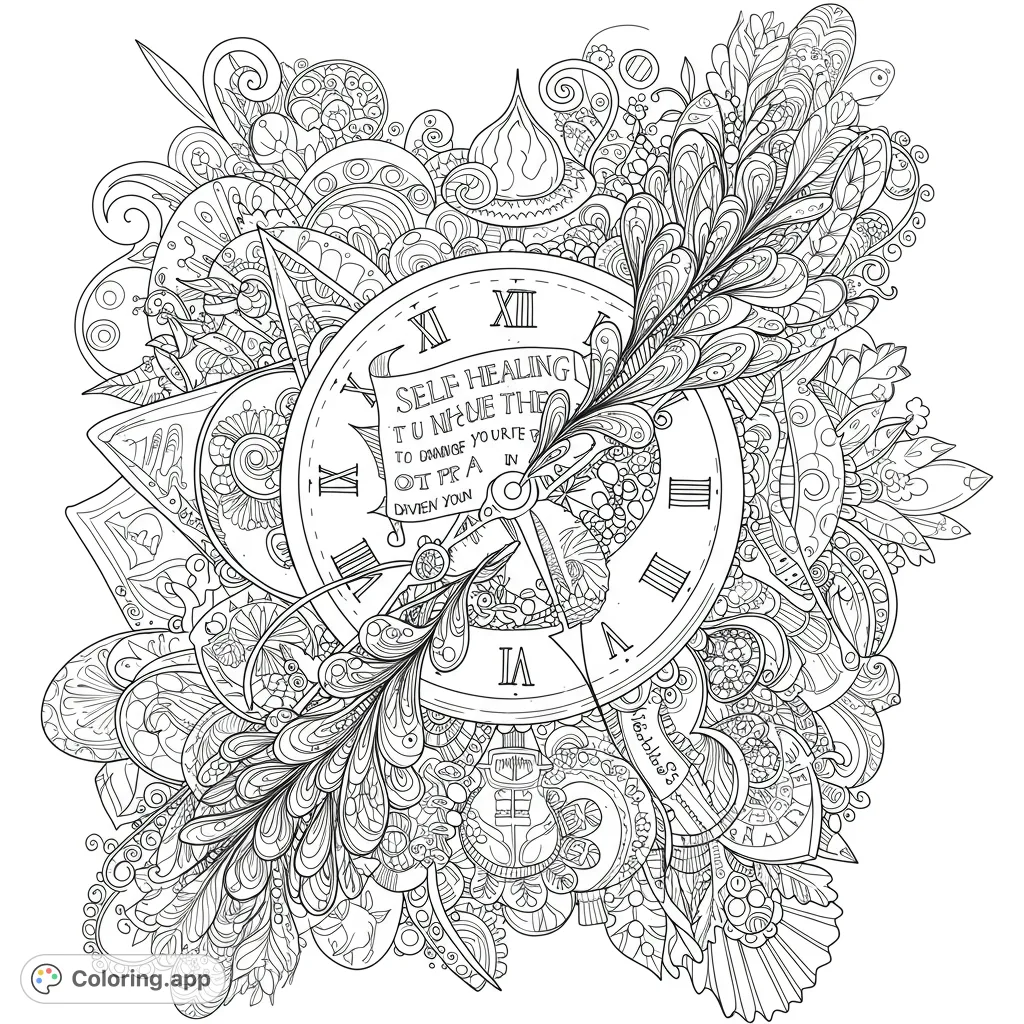 An intricate timepiece coloring page featuring a detailed clock face with a feather-like hand, surrounded by complex organic patterns for mindful coloring.