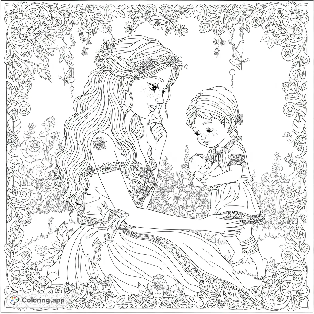 A heartwarming family bonding coloring page featuring a woman, child, and baby amidst lush flowers, framed by ornate vines. Perfect for all ages.