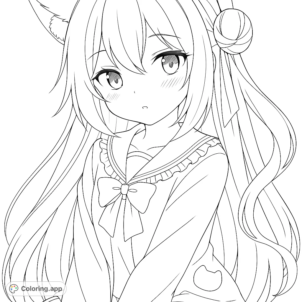 Color this adorable anime girl with long hair, animal ears, and a charming sailor uniform. A free printable anime girl coloring page for fans.