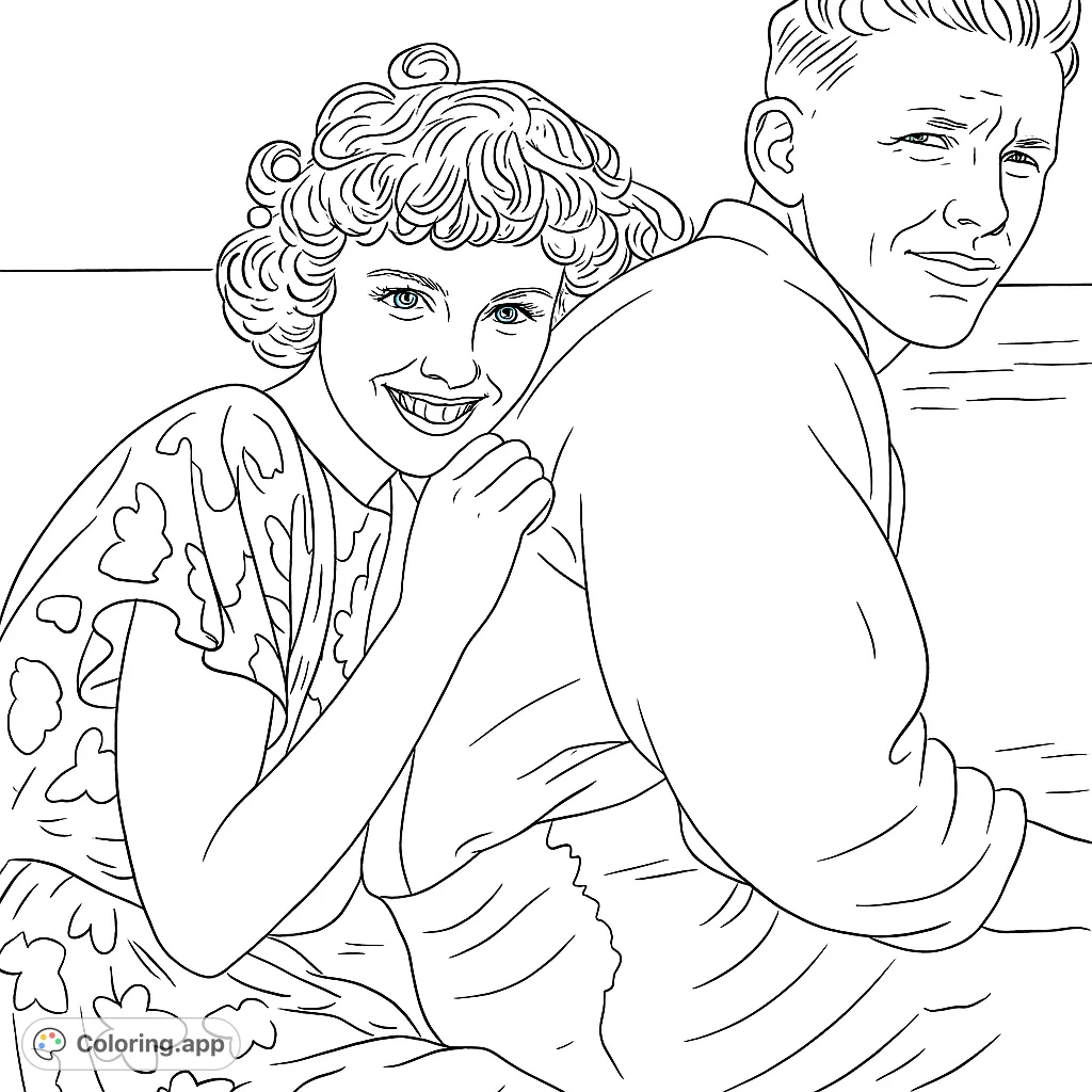 A charming portrait of a warmly smiling woman leaning on a man, perfect for a romantic couple coloring page. Free printable for all ages.