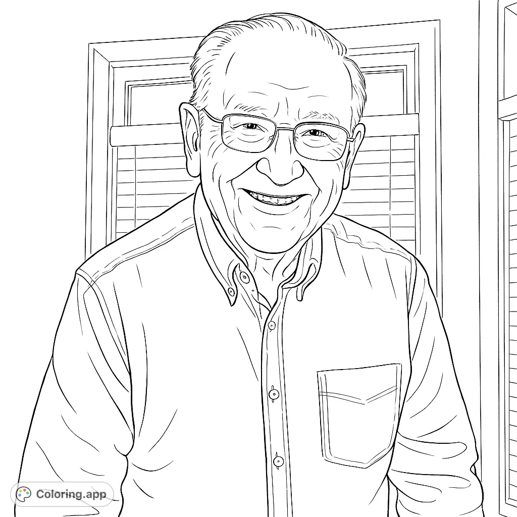 A heartwarming portrait of a smiling elder man with glasses, perfect for a free printable portrait coloring page. Ideal for all ages.