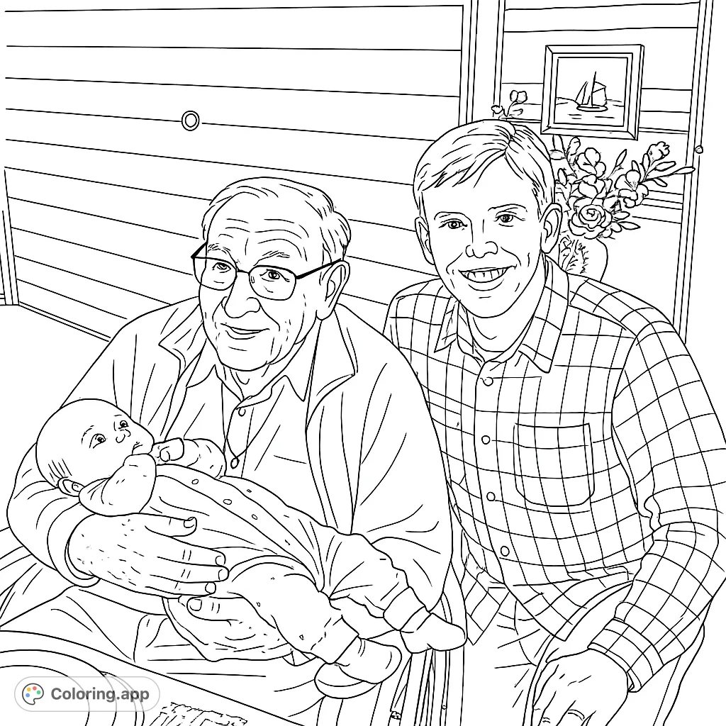 A heartwarming family generations coloring page featuring an elderly man holding a baby, with a younger man beside them, perfect for all ages.