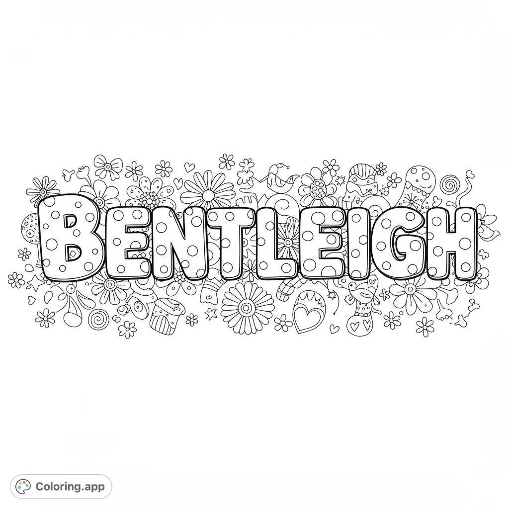 A delightful Bentleigh floral doodle coloring page, featuring bubble letters with polka dots surrounded by intricate flowers, hearts, and whimsical elements. Free printable coloring page for kids and adults.