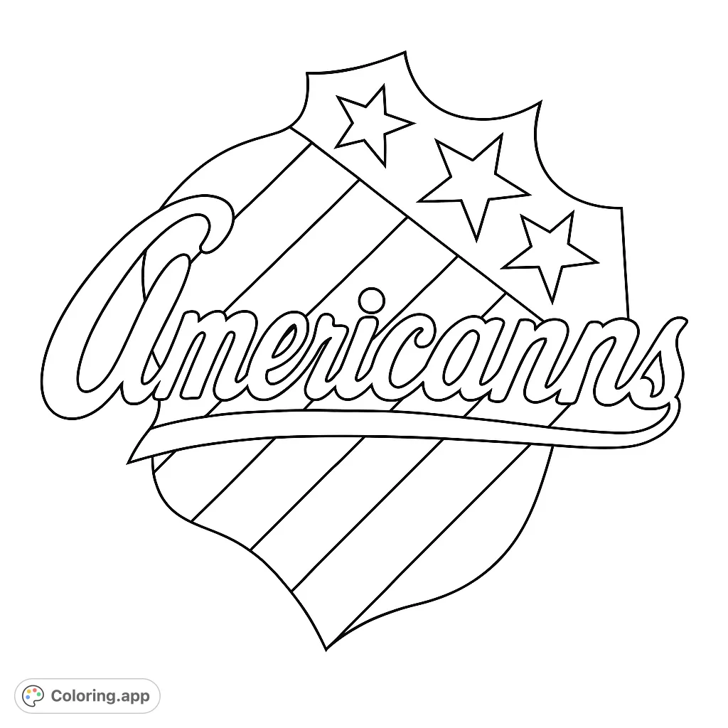 A patriotic shield emblem coloring page featuring stars, stripes, and a flowing script design, perfect for celebrating national pride. Free printable coloring page.
