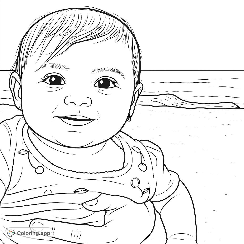 A heartwarming baby coloring page featuring a smiling infant held gently at the beach, with ocean waves in the background. Perfect for all ages.