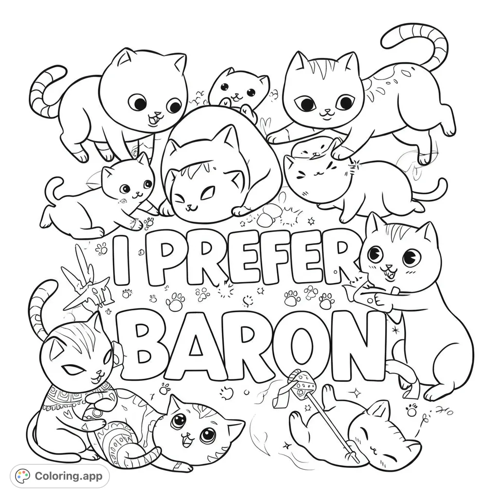 An adorable group of playful kittens in various poses, surrounded by whimsical decorative elements, perfect for a fun cat coloring page.