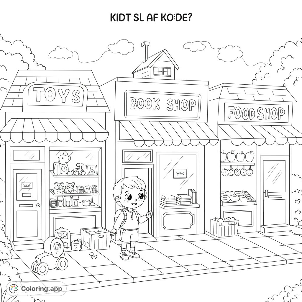 A charming town street scene with a happy boy exploring three detailed shops: Toys, Books, and Food. Perfect for a fun, free printable coloring page.